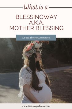 a pregnant woman with flowers in her hair and the words, what is a blessing?