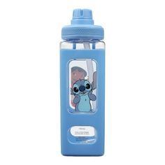 a blue water bottle with a cartoon character on it