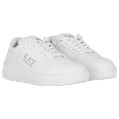 All-white EA7 Emporio Armani sneakers with lace-up design and logo detailing Armani White, Emporio Armani, Logo Branding, Girls Shoes