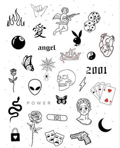 an assortment of tattoos and symbols on a white background with the words angel, power, love