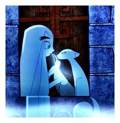 an animated image of a woman and a dog in front of a door with the light shining on her