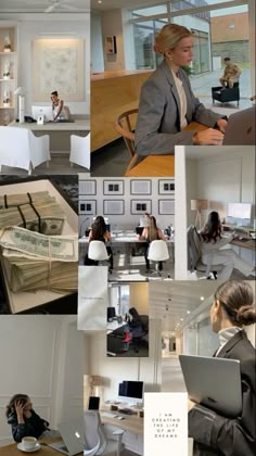 a collage of photos showing people working at their desks