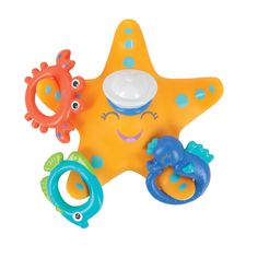 a starfish toy with teeth and toys around it on a white background for use in children's play