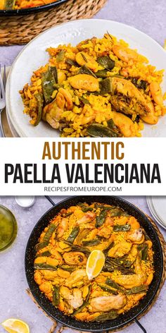 authentic paella valengiana recipe with lemons and herbs on the side