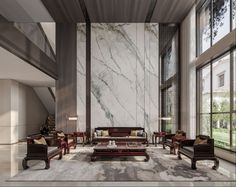 an elegant living room with marble walls and flooring is pictured in this rendering image