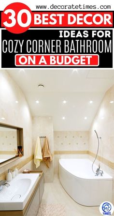 a bathroom with a tub, sink and mirror on the wall is featured in this post