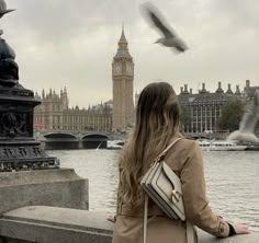 a woman sitting on a wall looking at the water and birds flying over her head