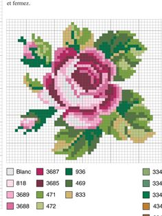 a cross stitch rose with green leaves and pink flowers on the petals is shown in different colors