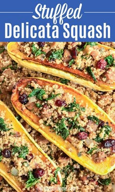 stuffed delicata squash with quinoa and cranberry sauce on top