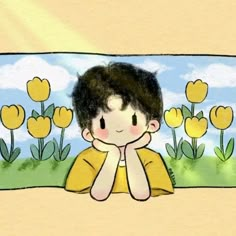 a drawing of a boy sitting in front of yellow flowers with his hands on his face