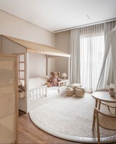 a child's room with a bed, desk and teddy bear