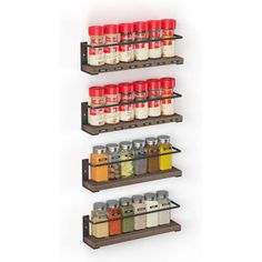 three shelves with spices and seasonings on them