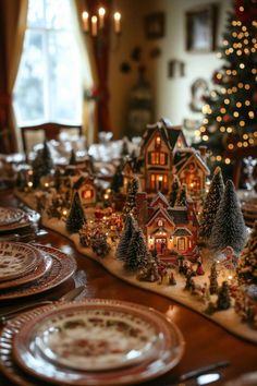 a dining room table with plates and christmas decorations