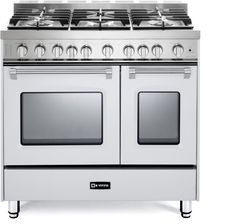 an oven with four burners and two doors on the front, in stainless steel