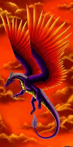 a purple and orange dragon flying through the sky