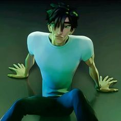 an animated man sitting on the ground with his hands in front of him and looking at the camera