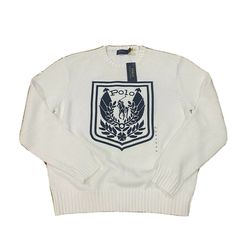 NWT Polo Ralph Lauren Vintage OG Uni Knit Sweater PWING Stadium Bear Crest XXL. Luxury Cotton Sweater With Ribbed Cuffs, White Logo Print Sweater For Winter, White Sweater With Logo Print For Winter, Winter White Logo Print Sweater, Winter White Sweater With Logo Print, Designer White Tops With Ribbed Collar, Classic White Sweater With Embroidered Logo, White Polo Sweater With Ribbed Cuffs, White Cotton Polo Sweater With Ribbed Cuffs