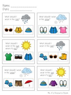 worksheet with pictures of clothes and umbrellas for children to practice their reading skills