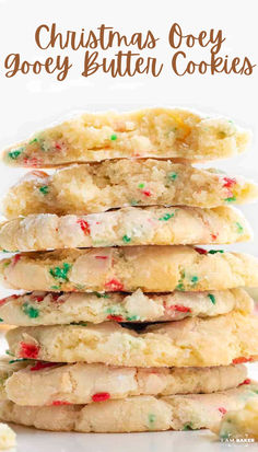 christmas gooey butter cookies stacked on top of each other with the title above it