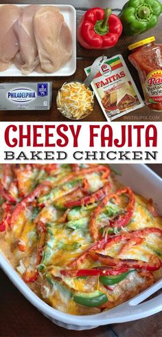 this cheesy fajita bake is loaded with chicken, peppers and cheese