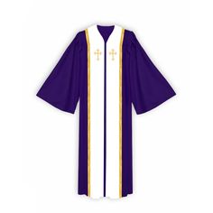 a purple and white clergy robe with gold trims on the front, is shown