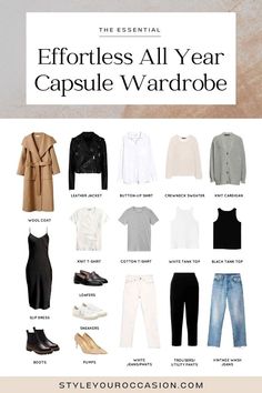 Learn how to build the perfect minimalist capsule wardrobe, with our ultimate year-round capsule wardrobe collection for women. This minimalist wardrobe capsule for spring, summer, fall, and winter, includes chic outfit ideas for work, casual dressy, and everything in between. Minimal Capsule Wardrobe, Minimalist Wardrobe Essentials, Neutral Outfit Ideas, Work Capsule Wardrobe