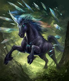 a black horse with blue manes running through the woods