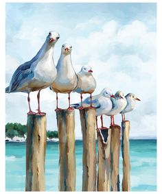 five seagulls sitting on top of wooden posts in the water by the beach