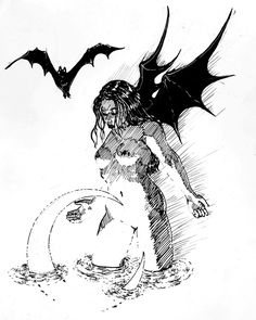 a black and white drawing of a woman with bat wings