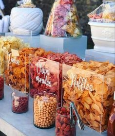 many different types of snacks are on display