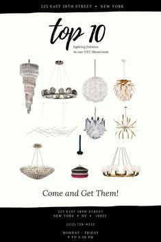 the cover of top 10 magazine, featuring chandeliers and other items in black and white