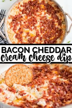 bacon cheddar cream cheese dip in a skillet with crackers on the side