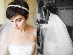 black and white photo of bride in wedding dress with veil over her head looking down