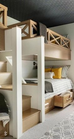 there is a loft bed with stairs in the room