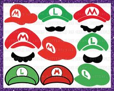 mario bros hat and mustaches with the letter l on them in red, green, blue