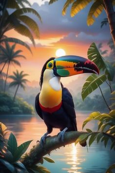 a colorful toucan perched on a tree branch in front of a sunset with palm trees