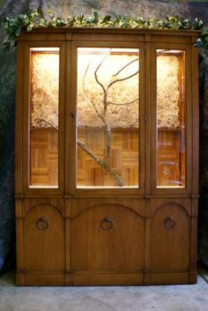 a wooden cabinet with glass doors on the top and bottom, in front of a stone wall