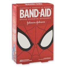 the box for band - aid brand adhesive bandages is red and white with black eyes