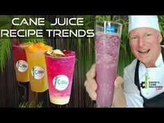 a man holding up three drinks in front of him and the caption says cane juice recipe trend