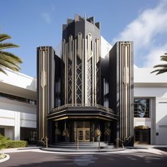 an art deco building with palm trees in the background