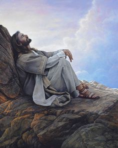 a painting of jesus sitting on top of a mountain