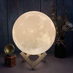 a large moon lamp sitting on top of a wooden stand next to a vase with dried flowers