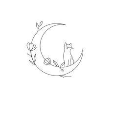 a cat sitting on top of a crescent with leaves and flowers in the moon outline