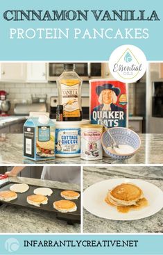 the ingredients for cinnamon vanilla protein pancakes are shown in this collage with text overlay