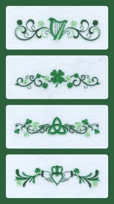 four green and white designs with shamrocks on the top, two are irish symbols