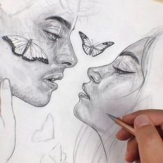 a drawing of two people with butterflies on their faces