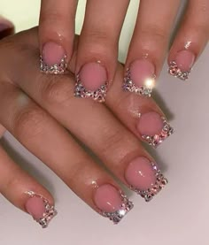 Short Acrylic Nails Designs Engagement, Short Acrylic Nails With Rhinestones Simple, Blinged Out Nails Rhinestones Short, All Bling Nails, Baddie Bling Nails Short, French Tip Toes With Rhinestones, Short Rhinestone Nails, Short Glam Nails, Rhinestone French Tip Nails