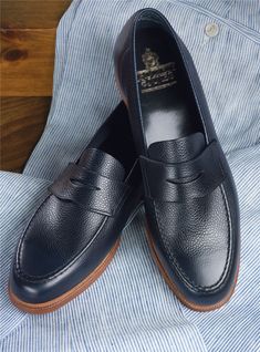 Navy Loafers With Leather Sole For Work, Classic Navy Loafers With Leather Sole, Classic Navy Loafers With Round Toe, Navy Business Loafers With Rubber Sole, Navy Loafers With Leather Sole For Business, Navy Business Loafers With Leather Sole, Classic Navy Plain Toe Loafers, Classic Blue Goodyear Welted Loafers, Classic Navy Oxfords For Business