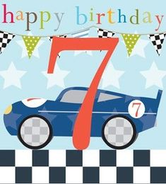 a blue car with the number seven on it's side is in front of a checkered background