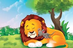 a lion and a mouse are laying in the grass